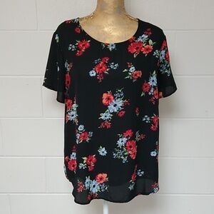 Chelsea & Theodore Black floral print short sleeve round neck cover up tunic top